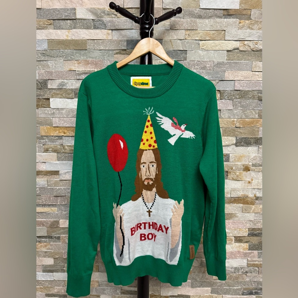 Tipsy Elves Jesus Birthday Boy Ugly Christmas Sweater Size XL Green